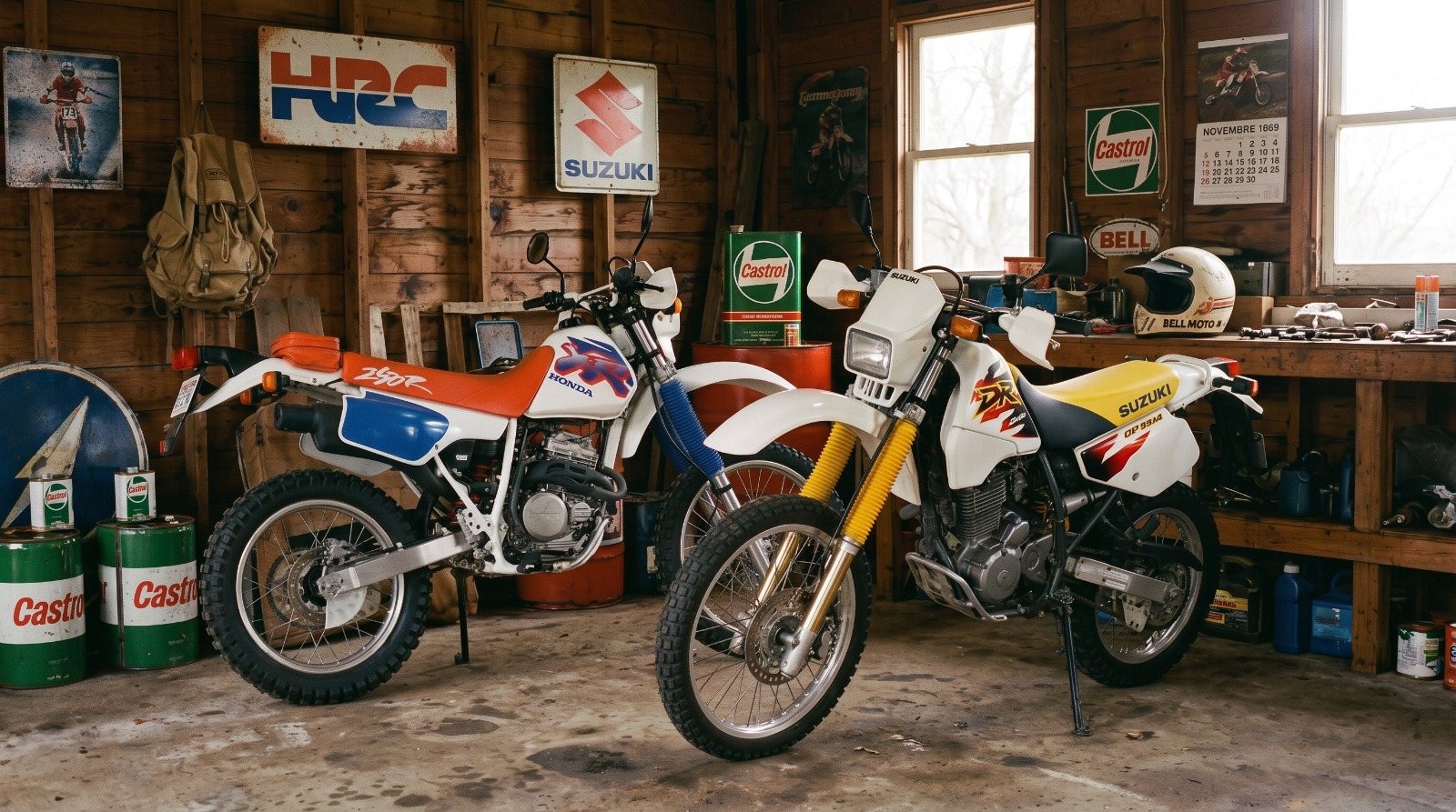 Honda XR250R y Suzuki DR350 en un taller vintage con carteles de HRC, Suzuki y Castrol